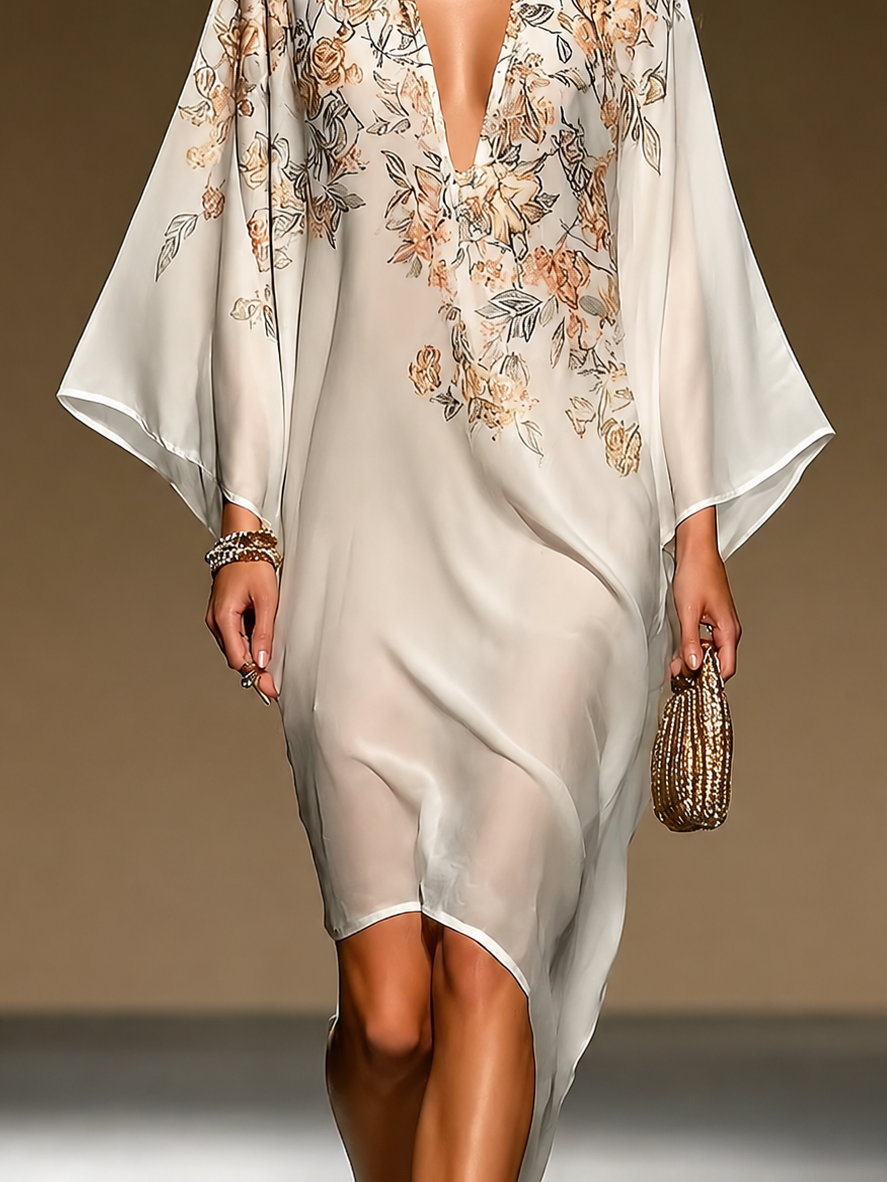 VESTIDO CAFTÁN DE GASA BEIGE CON ESTAMPADO FLORAL, ESCOTE EN V PROFUNDO, MANGA DE MURCIÉLAGO, DOBLATE ASIMÉTRICO, VESTIDO MIDI FLUIDO