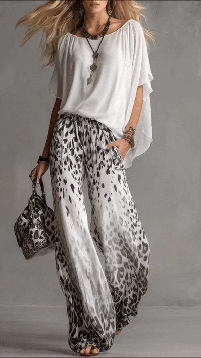 Fiorella | Completo Blusa Bianca e Pantalone Leopardato