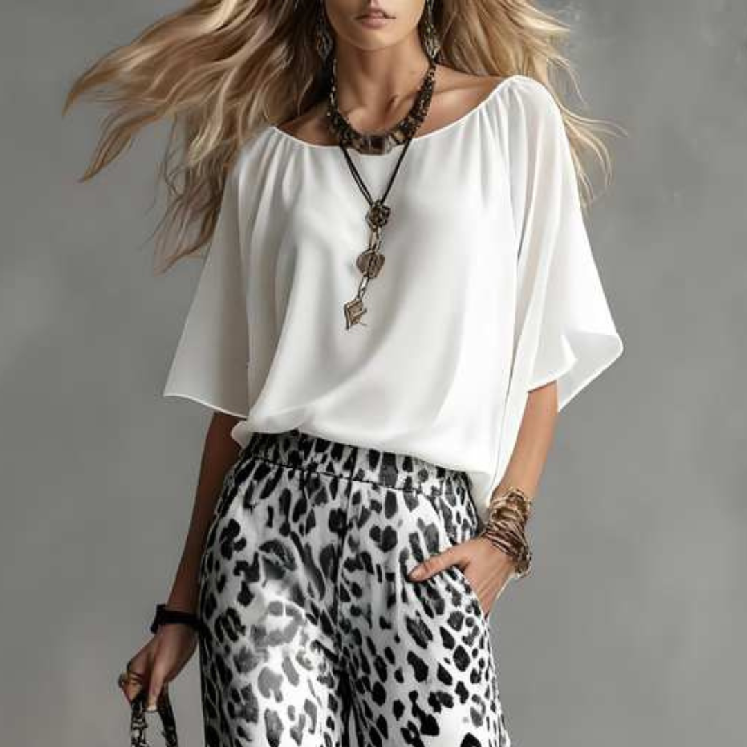 Fiorella | Completo Blusa Bianca e Pantalone Leopardato