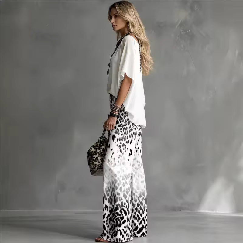 Fiorella | Completo Blusa Bianca e Pantalone Leopardato