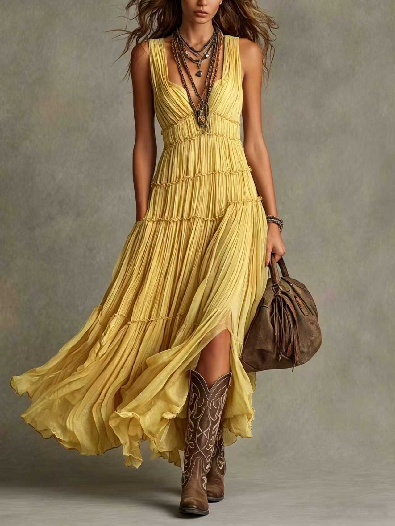Rosalia | Abito Maxi Plissettato in Chiffon Bohémien